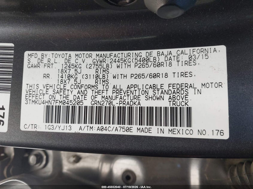 2015 Toyota Tacoma VIN 3TMKU4HN7FM045205 IAAI salvage auction — FRONT END, Salvage (California), sold $7,150 on 2026-07-30 (photo 9)