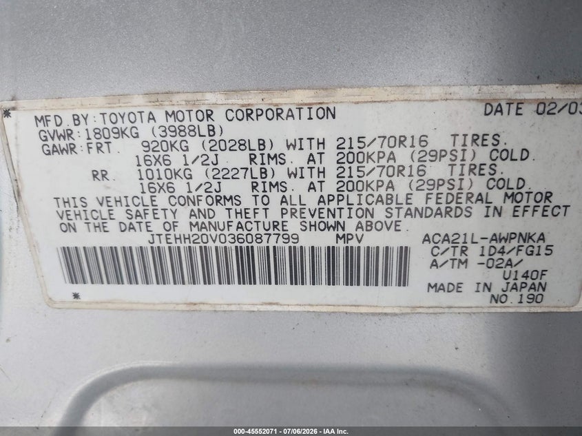 2003 Toyota Rav4 VIN JTEHH20V036087799 IAAI salvage auction — NORMAL WEAR, Clear-Dealer Only (Maryland), sold $1,350 on 2026-07-30 (photo 9)