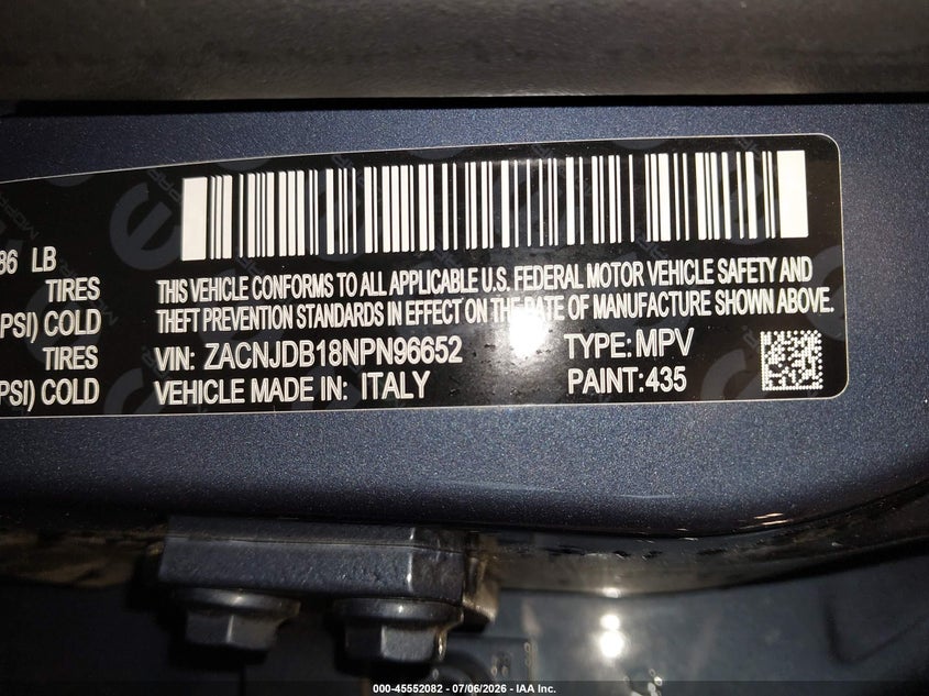2022 Jeep Renegade VIN ZACNJDB18NPN96652 IAAI salvage auction — SIDE, Salvage Title, sold $4,550 on 2026-08-12 (photo 9)