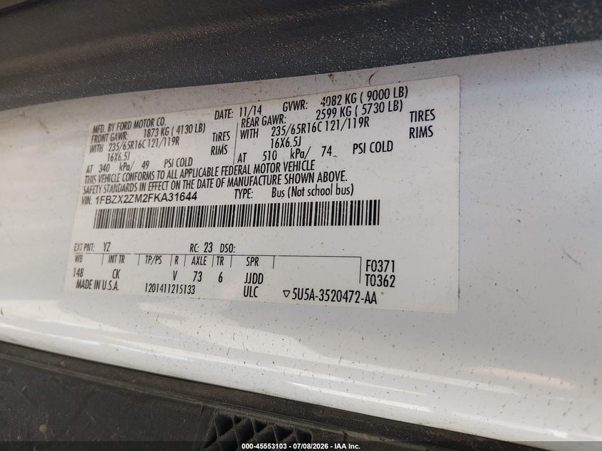 2015 Ford Transit VIN 1FBZX2ZM2FKA31644 IAAI salvage auction — NORMAL WEAR, Original (New Hampshire), sold $1,000 on 2026-07-24 (photo 9)