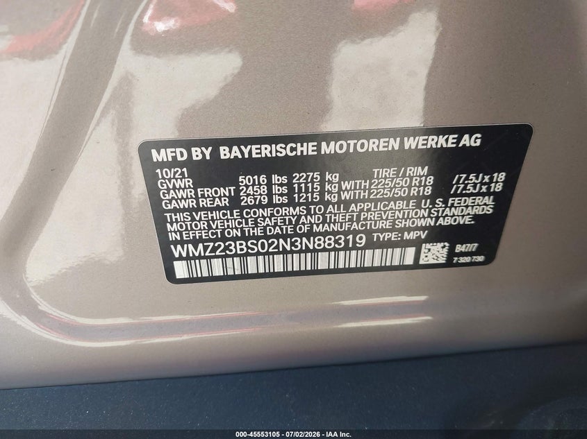 2022 Mini VIN WMZ23BS02N3N88319 IAAI salvage auction — FRONT END, Salvage Title, sold $8,400 on 2026-07-31 (photo 9)