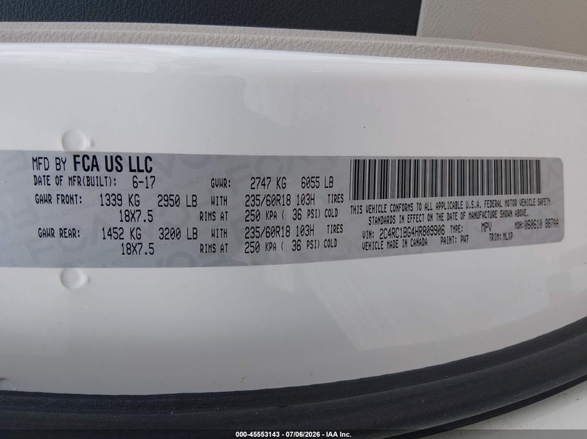 2017 Chrysler Pacifica VIN 2C4RC1BG4HR809906 IAAI salvage auction — FRONT END, Wait Title, sold $1,450 on 2026-10-14 (photo 9)