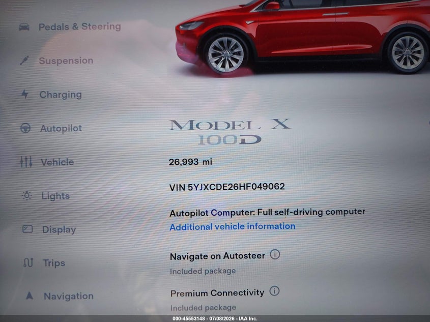 2017 Tesla Model x VIN 5YJXCDE26HF049062 IAAI salvage auction — REAR END, Salvage Certificate (California), sold $9,300 on 2026-07-24 (photo 7)