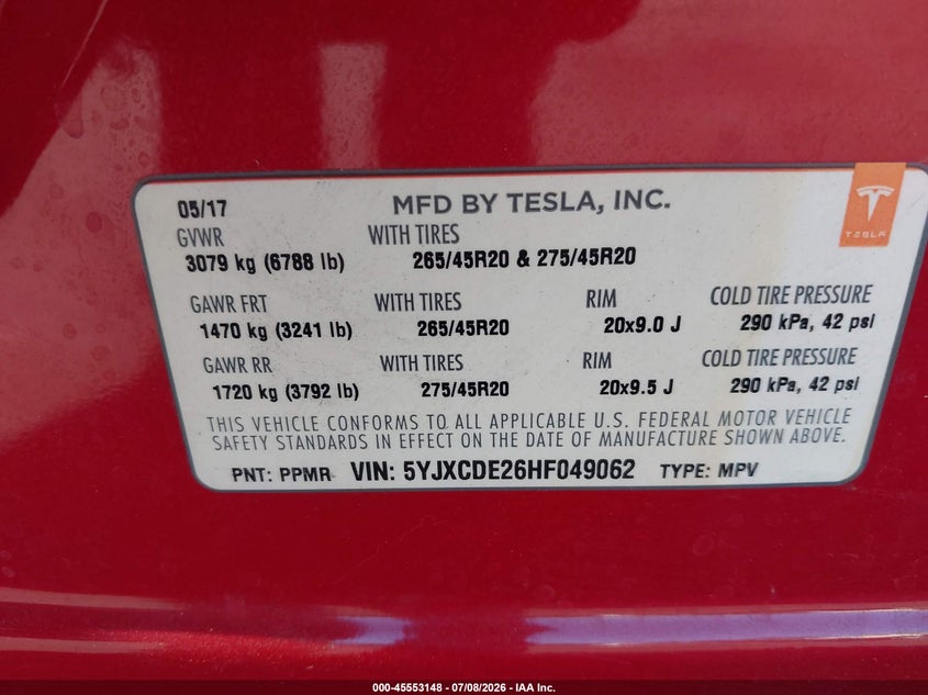 2017 Tesla Model x VIN 5YJXCDE26HF049062 IAAI salvage auction — REAR END, Salvage Certificate (California), sold $9,300 on 2026-07-24 (photo 9)