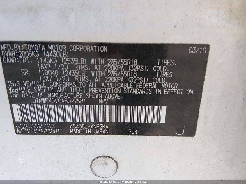 2010 Toyota Rav4 VIN JTMWF4DV0A5027581 IAAI salvage auction — NORMAL WEAR, Clear (Pennsylvania), sold $2,050 on 2026-07-14 (photo 9)