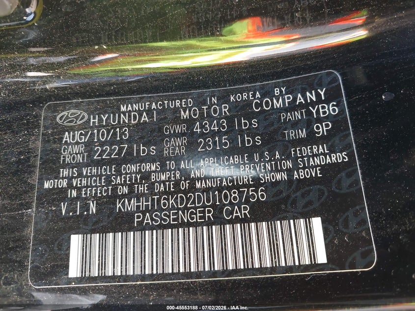 2013 Hyundai Genesis VIN KMHHT6KD2DU108756 IAAI salvage auction — NORMAL WEAR, Clear - Dealer Only (California), sold $425 on 2026-07-29 (photo 9)