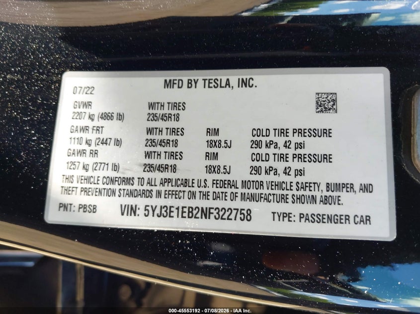 2022 Tesla Model 3 VIN 5YJ3E1EB2NF322758 IAAI salvage auction — FRONT END, Salvage (Idaho), sold $7,100 on 2026-07-22 (photo 9)