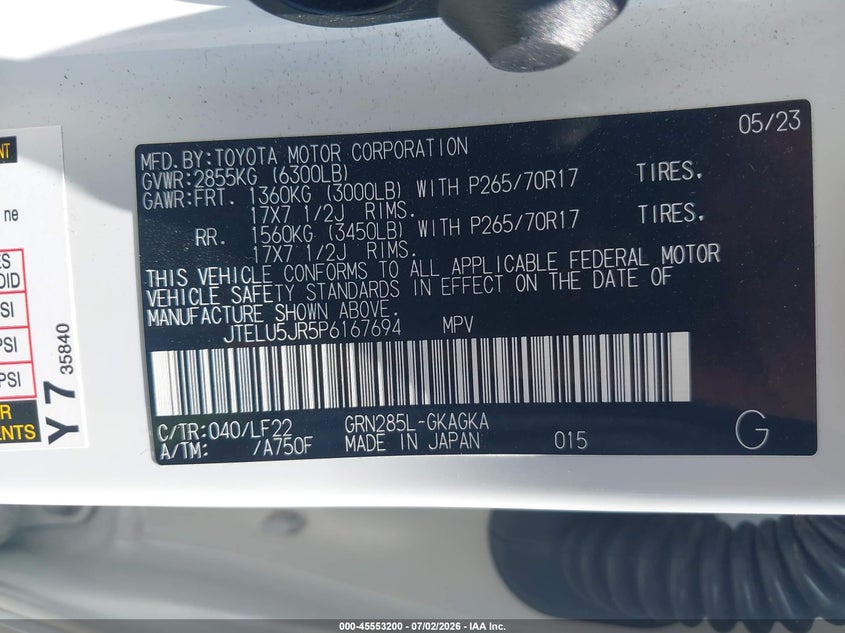 2023 Toyota 4runner VIN JTELU5JR5P6167694 IAAI salvage auction — RIGHT FRONT, Salvage Title, sold $20,400 on 2026-07-31 (photo 9)