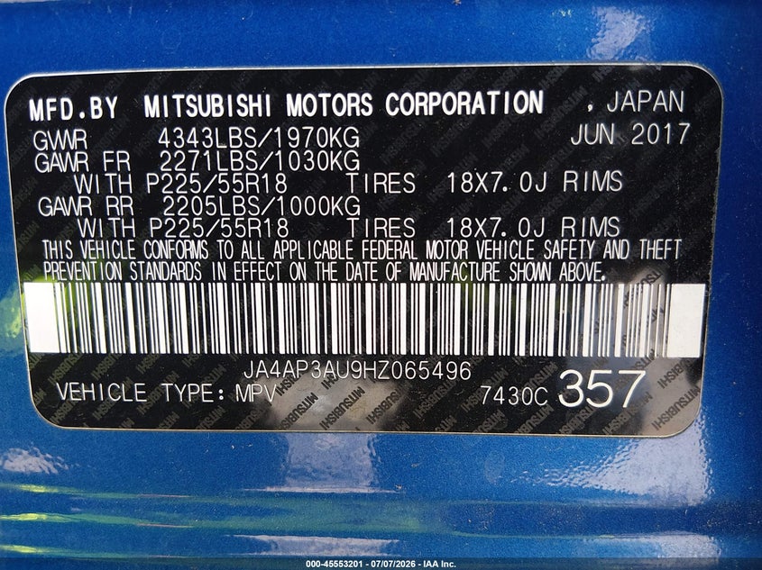 2017 Mitsubishi Outlander VIN JA4AP3AU9HZ065496 IAAI salvage auction — FRONT END, Salvage (North Carolina), sold $725 on 2026-07-29 (photo 9)