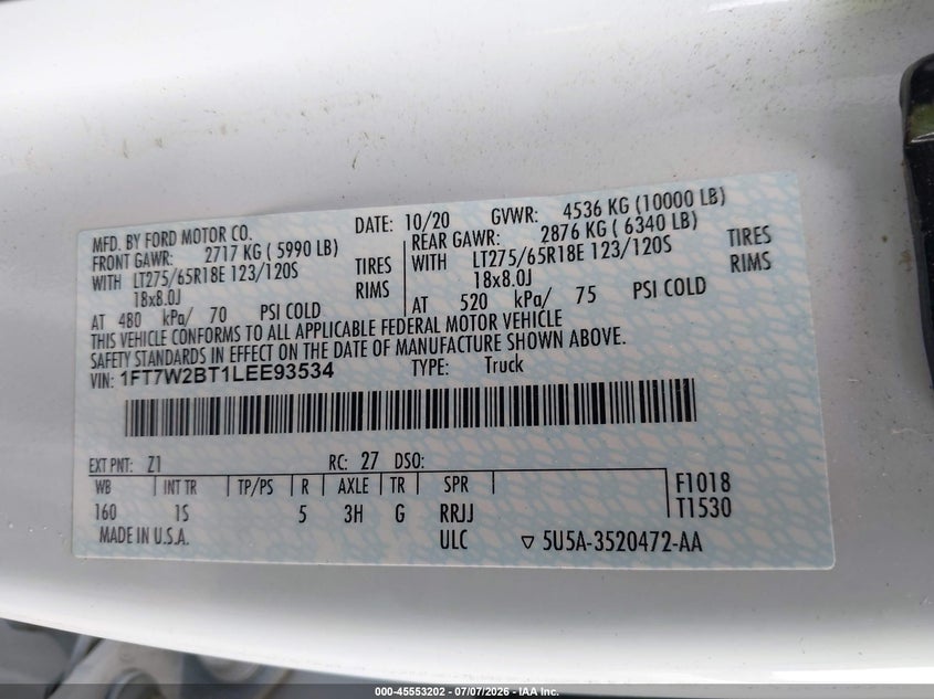 2020 Ford F250 VIN 1FT7W2BT1LEE93534 IAAI salvage auction — REAR END, Salvage Title, sold $12,000 on 2026-08-01 (photo 9)
