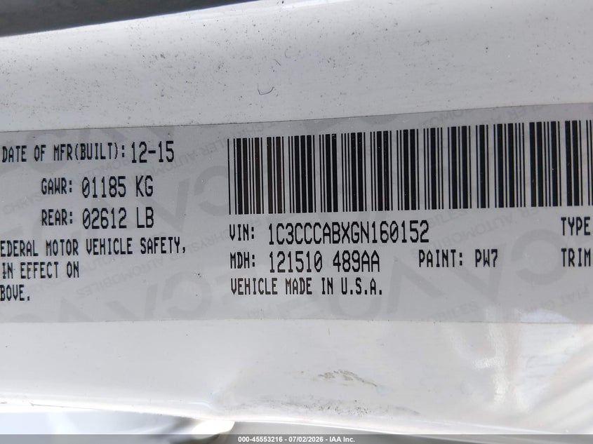 2016 Chrysler 200 VIN 1C3CCCABXGN160152 IAAI salvage auction — NORMAL WEAR, Salvage Title, sold $775 on 2026-07-17 (photo 9)