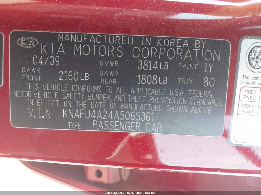 2010 Kia Forte VIN KNAFU4A24A5065361 IAAI salvage auction — SIDE, Salvage (Texas), sold $550 on 2026-07-28 (photo 9)
