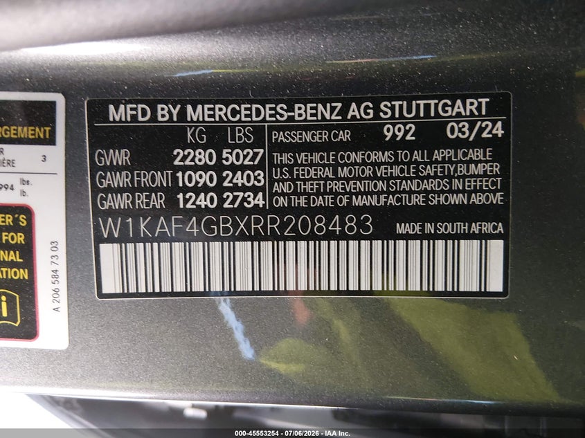 2024 Mercedes-benz C-klasse VIN W1KAF4GBXRR208483 IAAI salvage auction — FRONT END, Wait Title, sold $13,200 on 2026-09-02 (photo 9)