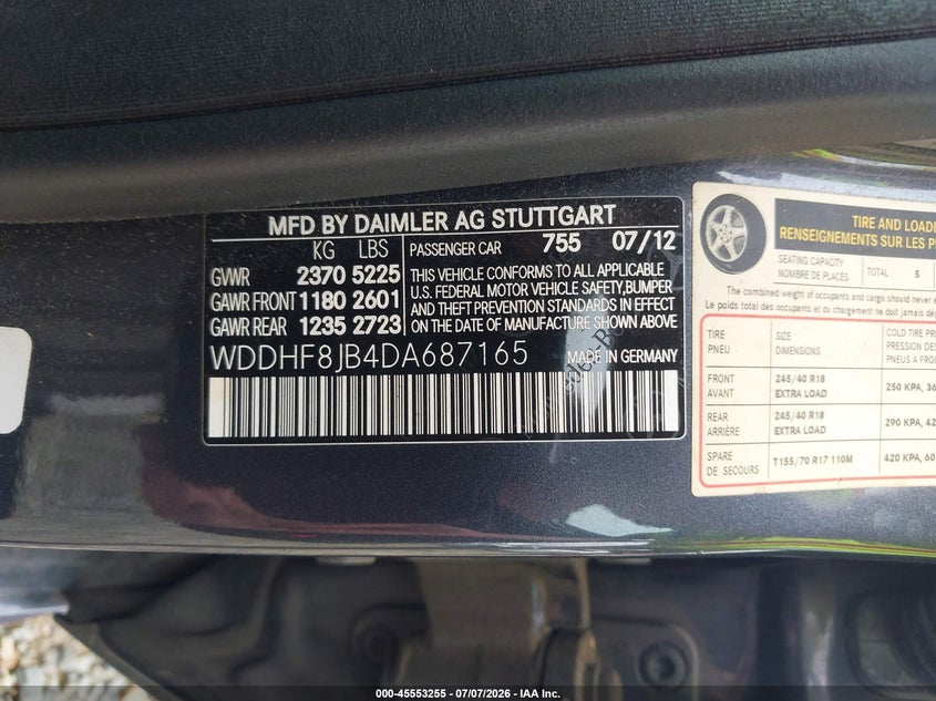 2013 Mercedes-benz E-klasse VIN WDDHF8JB4DA687165 IAAI salvage auction — NORMAL WEAR, Clear (Virginia), sold $1,650 on 2026-07-17 (photo 9)