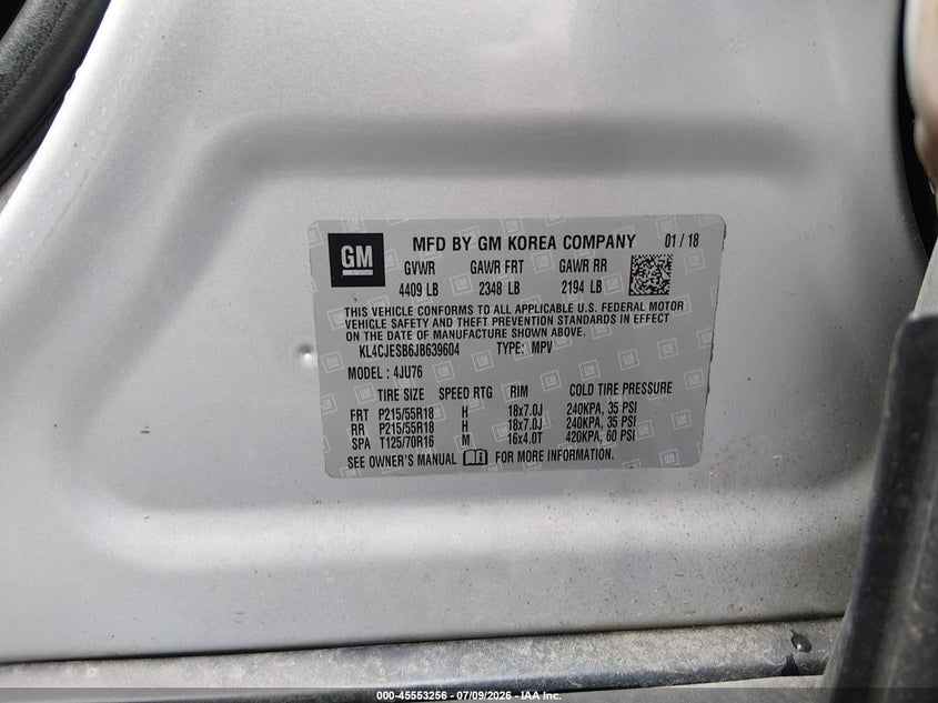 2018 Buick Encore VIN KL4CJESB6JB639604 IAAI salvage auction — FRONT END, Bill Of Sale (Alaska), sold $1,100 on 2026-07-24 (photo 9)