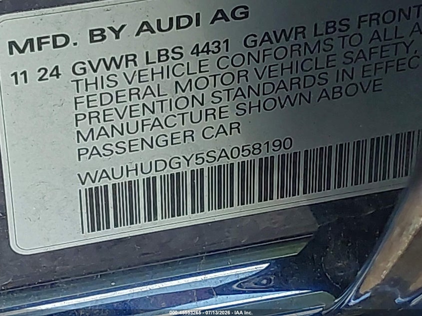 2025 Audi A3 VIN WAUHUDGY5SA058190 IAAI salvage auction — FRONT END, Salvage (Texas), sold $8,100 on 2026-07-24 (photo 9)