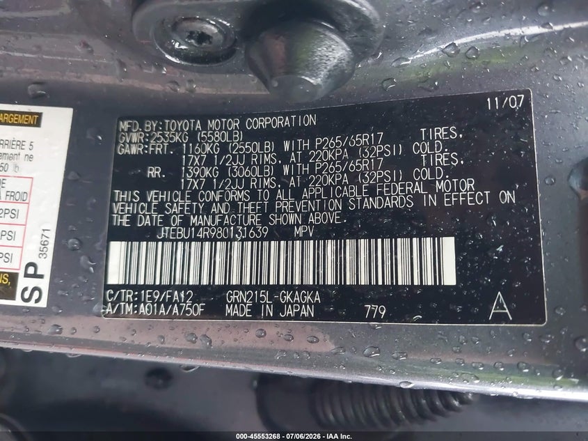 2008 Toyota 4runner VIN JTEBU14R980131639 IAAI salvage auction — FRONT END, Salvage (Idaho), sold $625 on 2026-07-29 (photo 9)