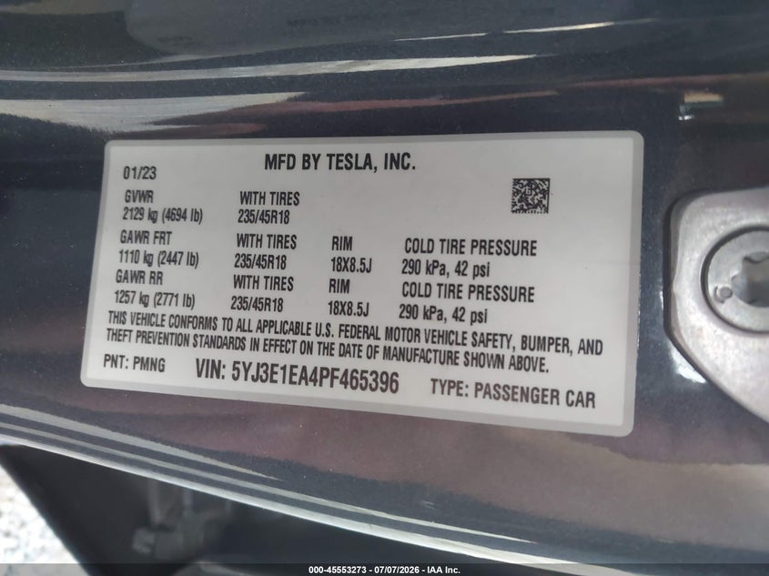 2023 Tesla Model 3 VIN 5YJ3E1EA4PF465396 IAAI salvage auction — FRONT END, Salvage (Georgia), sold $4,800 on 2026-07-29 (photo 9)