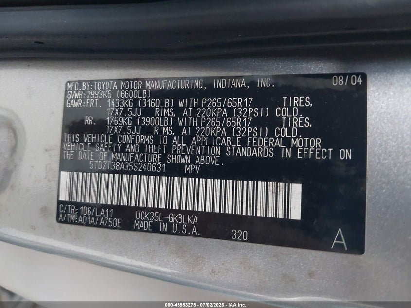2005 Toyota Sequoia VIN 5TDZT38A35S240631 IAAI salvage auction — NORMAL WEAR, Repossession Paperwork (Georgia), sold $1,000 on 2026-07-27 (photo 9)