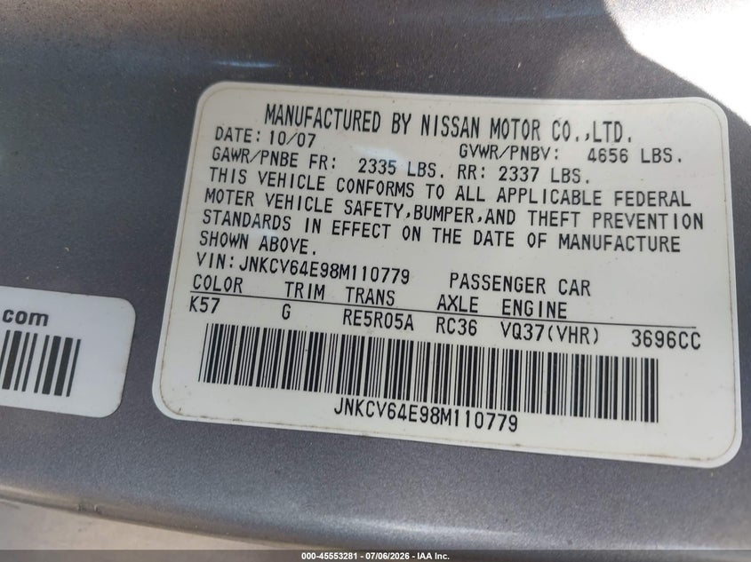 2008 Infiniti G37 VIN JNKCV64E98M110779 IAAI salvage auction — NORMAL WEAR, Original (Texas), sold $475 on 2026-07-15 (photo 9)