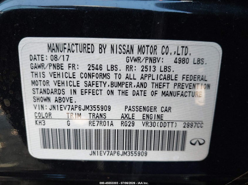 2018 Infiniti Q50 VIN JN1EV7AP6JM355909 IAAI salvage auction — NORMAL WEAR, Clear - Dealer Only (California), sold $2,700 on 2026-07-29 (photo 9)