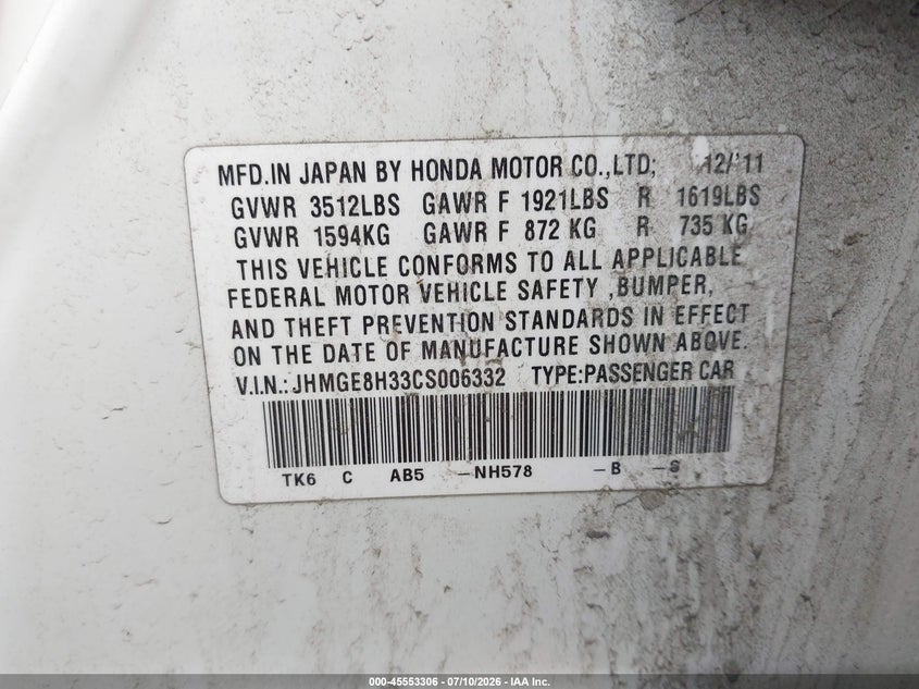 2012 Honda Fit VIN JHMGE8H33CS006332 IAAI salvage auction — LEFT FRONT, Clear (Massachusetts), sold $1,300 on 2026-07-24 (photo 9)