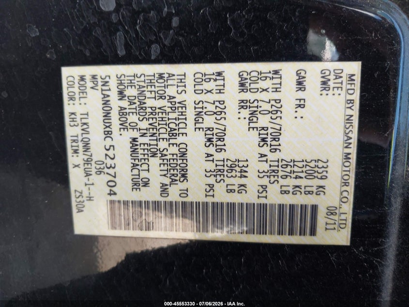 2011 Nissan Xterra VIN 5N1AN0NUXBC523704 IAAI salvage auction — NORMAL WEAR, Clear (Louisiana), sold $475 on 2026-07-09 (photo 9)