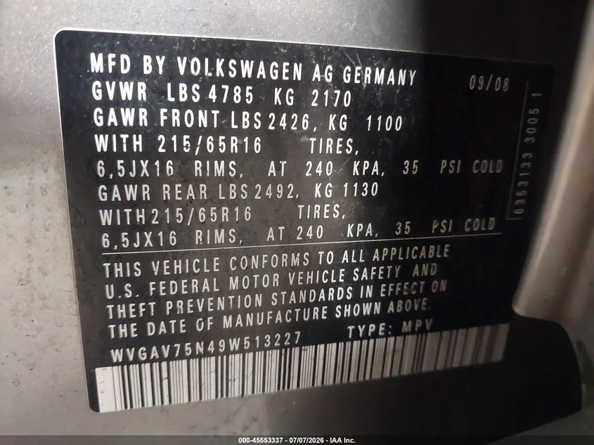 2009 Volkswagen Tiguan VIN WVGAV75N49W513227 IAAI salvage auction — FRONT & REAR, Mv-907A (New York), sold $425 on 2026-08-18 (photo 9)