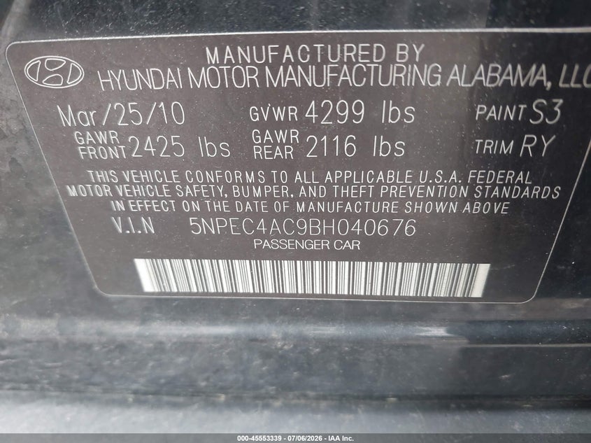 2011 Hyundai Sonata VIN 5NPEC4AC9BH040676 IAAI salvage auction — NORMAL WEAR, Clear (New York), sold $425 on 2026-07-14 (photo 9)