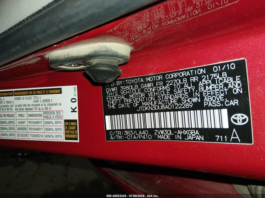 2010 Toyota Prius VIN JTDKN3DU8A0122289 IAAI salvage auction — REAR END, Salvage (Idaho), sold $2,800 on 2026-07-24 (photo 9)