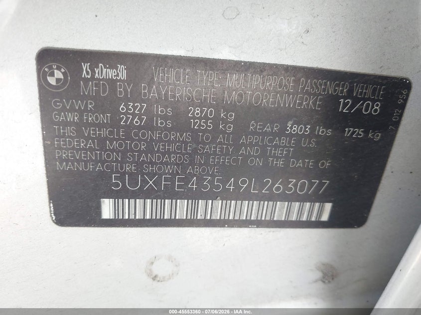 2009 BMW X5 VIN 5UXFE43549L263077 IAAI salvage auction — FRONT END, Bill Of Sale (Washington), sold $425 on 2026-07-29 (photo 9)