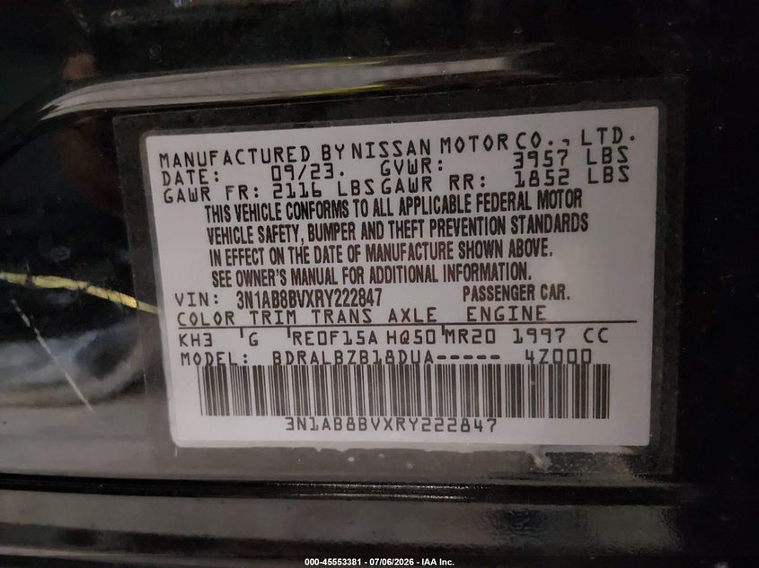 2024 Nissan Sentra VIN 3N1AB8BVXRY222847 IAAI salvage auction — RIGHT FRONT, Sf97 (New York), sold $7,175 on 2026-08-31 (photo 9)
