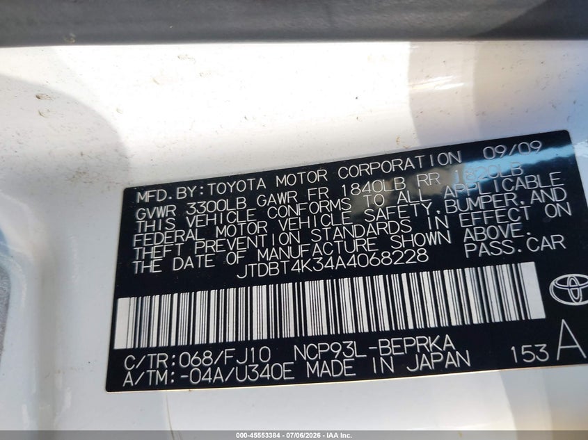 2010 Toyota Yaris VIN JTDBT4K34A4068228 IAAI salvage auction — NORMAL WEAR, Salvage (California), sold $825 on 2026-07-29 (photo 9)