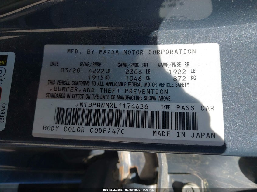 2020 Mazda 3 VIN JM1BPBNMXL1174636 IAAI salvage auction — FRONT END, Salvage (Connecticut), sold $3,200 on 2026-07-28 (photo 9)