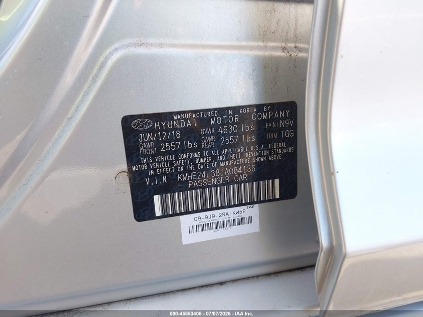2018 Hyundai Sonata hybrid VIN KMHE24L38JA084136 IAAI salvage auction — NORMAL WEAR, Sf97 (Hawaii), sold $6,100 on 2026-07-28 (photo 9)