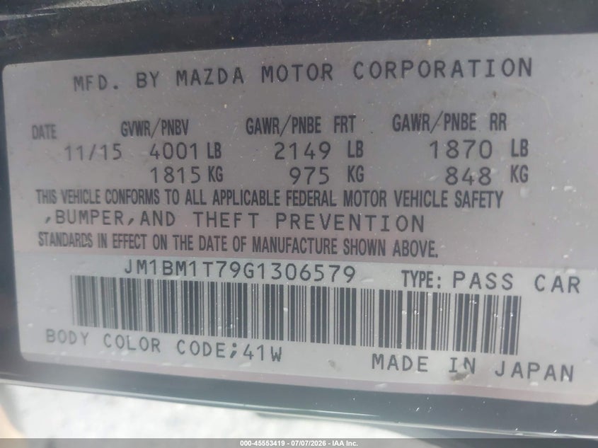 2016 Mazda 3 VIN JM1BM1T79G1306579 IAAI salvage auction — NORMAL WEAR, Clear (Massachusetts), sold $1,050 on 2026-07-17 (photo 9)