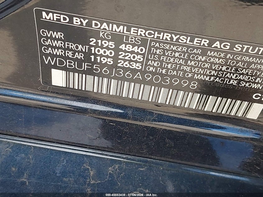 2006 Mercedes-benz E-class VIN WDBUF56J36A903998 IAAI salvage auction — NORMAL WEAR, Original (Texas), sold $1,050 on 2026-07-10 (photo 9)