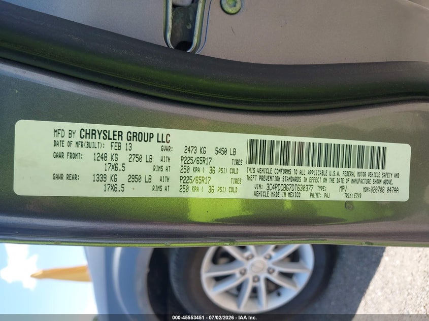2013 Dodge Journey VIN 3C4PDCBG7DT630377 IAAI salvage auction — NORMAL WEAR, Original (Texas), sold $1,300 on 2026-08-09 (photo 9)