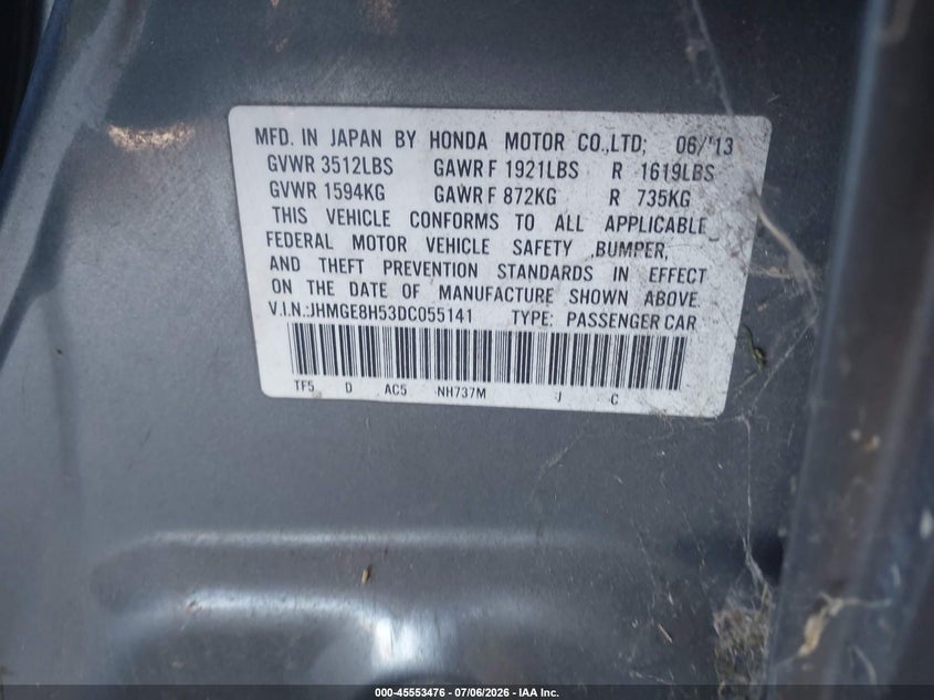 2013 Honda Fit VIN JHMGE8H53DC055141 IAAI salvage auction — NORMAL WEAR, Clear - Dealer Only (California), sold $1,000 on 2026-07-28 (photo 9)