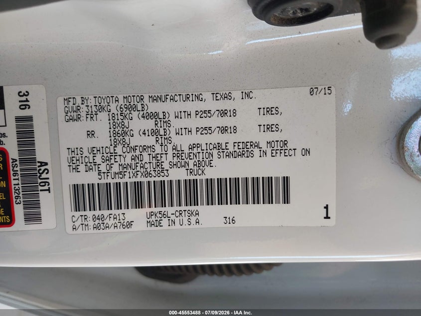 2015 Toyota Tundra VIN 5TFUM5F1XFX063853 IAAI salvage auction — REAR END, Bill Of Sale (Washington), sold $6,300 on 2026-07-29 (photo 9)