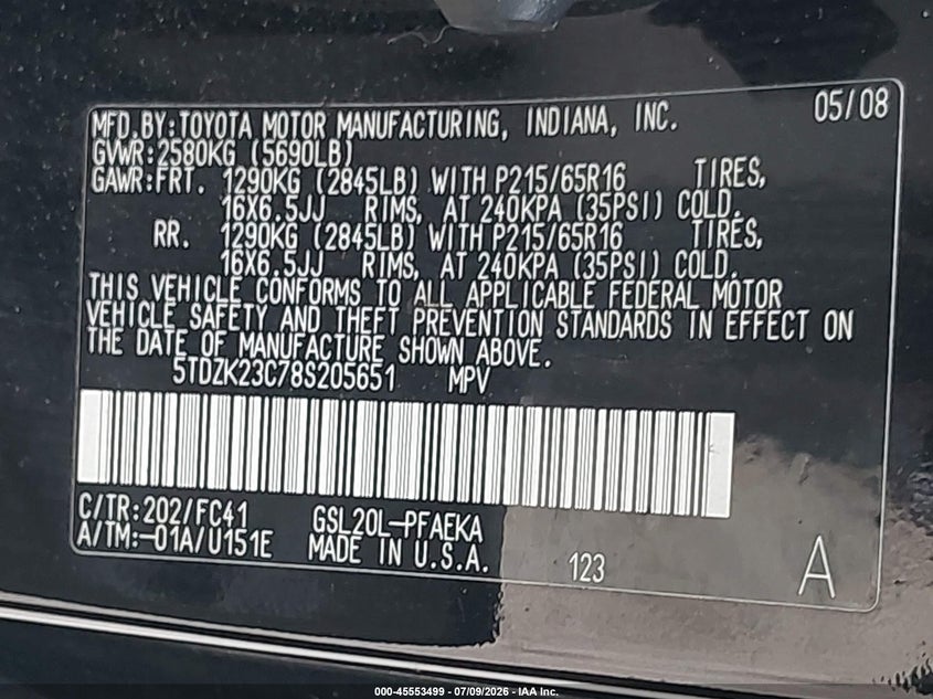 2008 Toyota Sienna VIN 5TDZK23C78S205651 IAAI salvage auction — NORMAL WEAR, Clear (New Jersey), sold $925 on 2026-07-20 (photo 9)