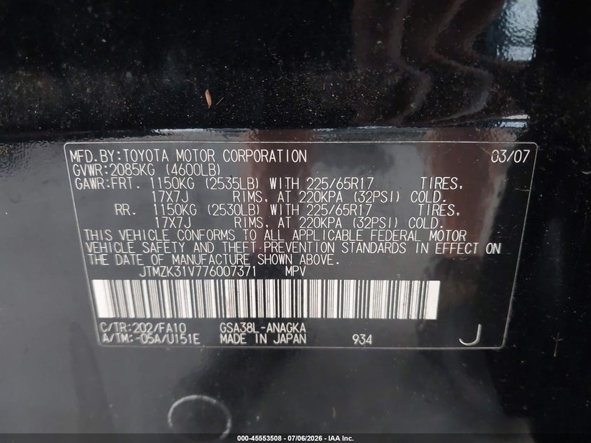 2007 Toyota Rav4 VIN JTMZK31V776007371 IAAI salvage auction — NORMAL WEAR, Clear (Florida), sold $600 on 2026-07-29 (photo 9)