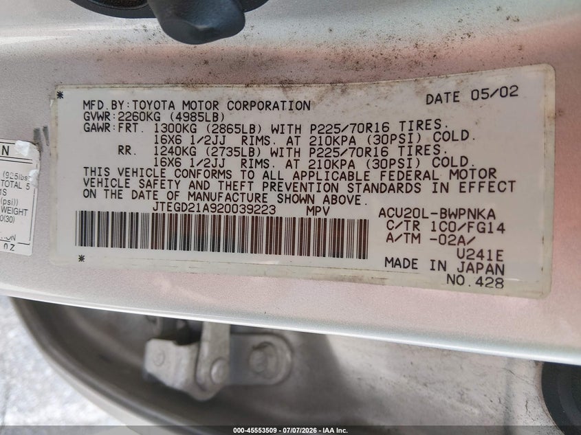 2002 Toyota Highlander VIN JTEGD21A920039223 IAAI salvage auction — REAR END, Clear (Indiana), sold $675 on 2026-08-02 (photo 9)