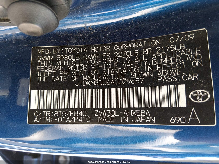 2010 Toyota Prius VIN JTDKN3DU6A0029657 IAAI salvage auction — NORMAL WEAR, Clear - Dealer Only (California), sold $650 on 2026-07-29 (photo 9)