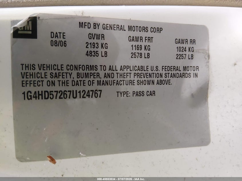 2007 Buick Lucerne VIN 1G4HD57267U124767 IAAI salvage auction — NORMAL WEAR, Original (Alaska), sold $125 on 2026-07-31 (photo 9)