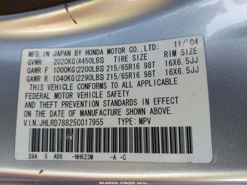 2005 Honda Cr-v VIN JHLRD78825C017955 IAAI salvage auction — LEFT REAR, Salvage (California), sold $25 on 2026-07-29 (photo 9)
