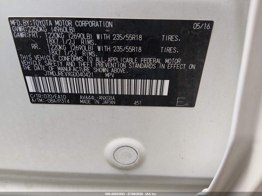 2016 Toyota Rav 4 VIN JTMDJREVXGD040421 IAAI salvage auction — FRONT & REAR, Salvage (Utah), sold $5,200 on 2026-07-30 (photo 9)