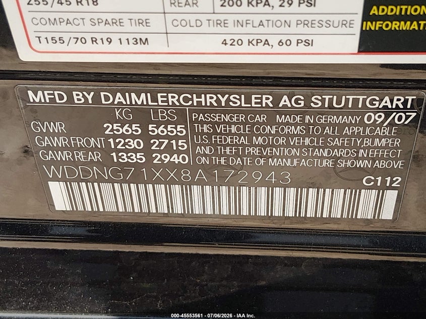 2008 Mercedes-benz S class VIN WDDNG71XX8A172943 IAAI salvage auction — LEFT & RIGHT, Original (Texas), sold $600 on 2026-07-21 (photo 9)