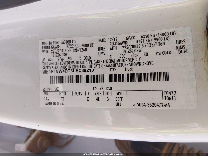 2020 Ford F450 VIN 1FT8W4DT3LEC39210 IAAI salvage auction — FRONT END, Salvage Title, sold $13,650 on 2026-09-01 (photo 9)