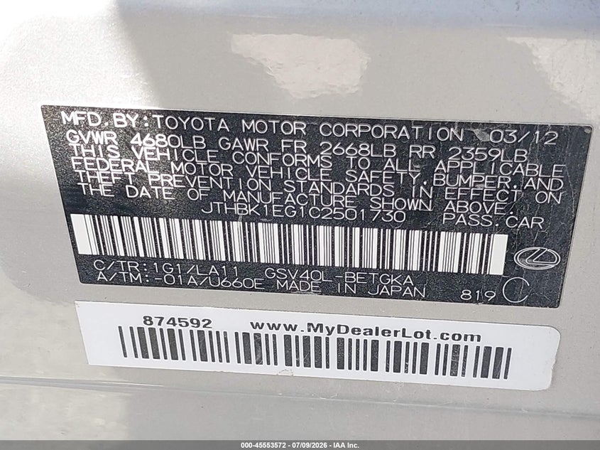 2012 Lexus ES VIN JTHBK1EG1C2501730 IAAI salvage auction — RIGHT SIDE, Salvage (Texas), sold $1,850 on 2026-07-28 (photo 9)